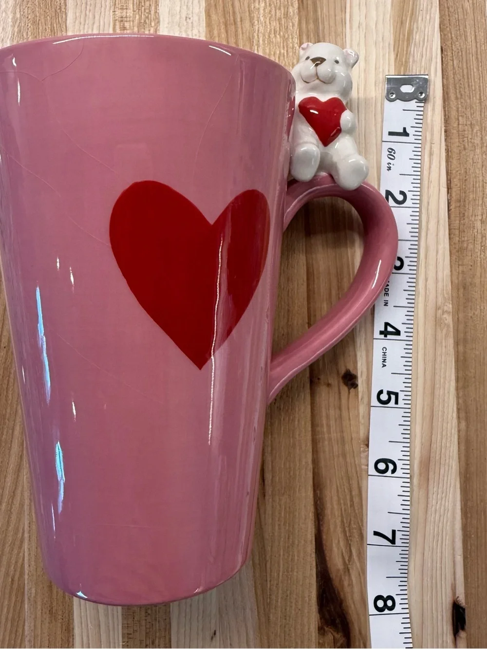 Valentine's Pink Ceramic Heart Mug with White Bear Handle 16oz